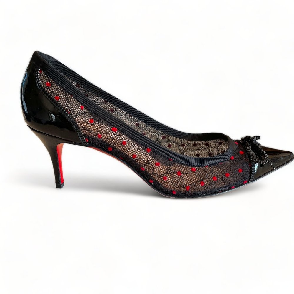 Christian Louboutin Heels Souris 70 Lace Black Pointed Kitten Heel Bow Pumps - Picture 4 of 11